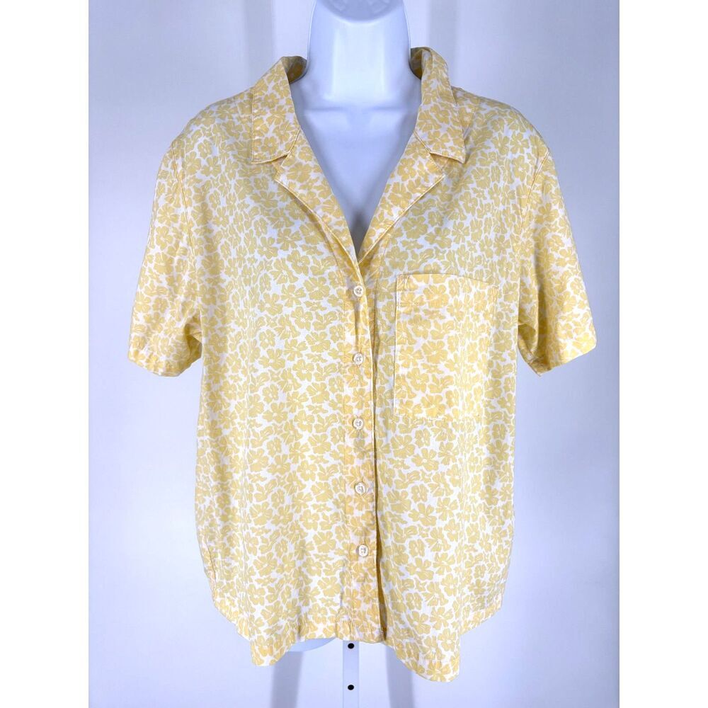 GAP Yellow Floral Button Front Blouse/Short Sleeve Collared Top